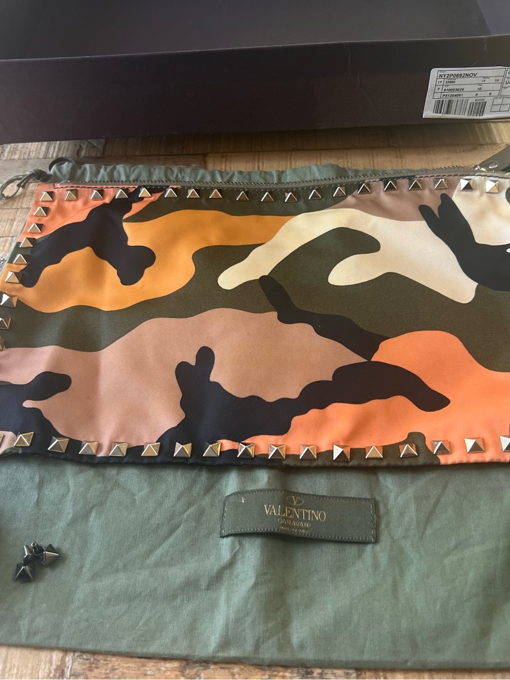 Valentino Garavani Studded Camouflage Silk Clutch- Orange/Green/Black